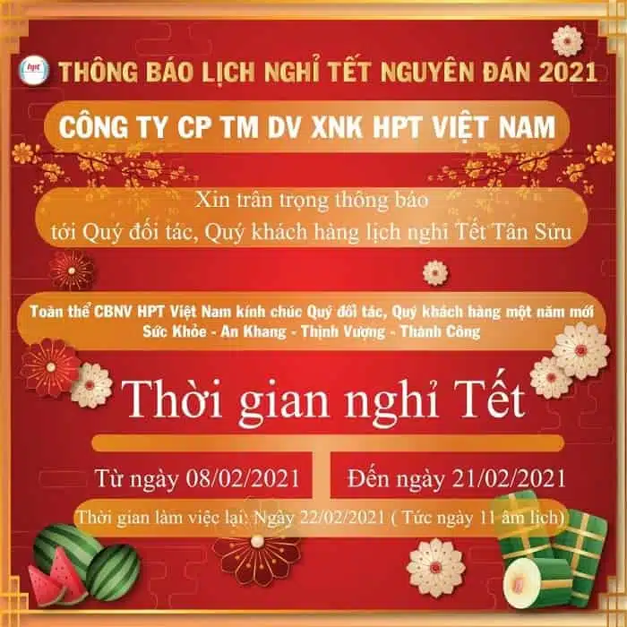 THÔNG BÁO LỊCH NGHỈ TẾT NGUYÊN ĐÁN 2021