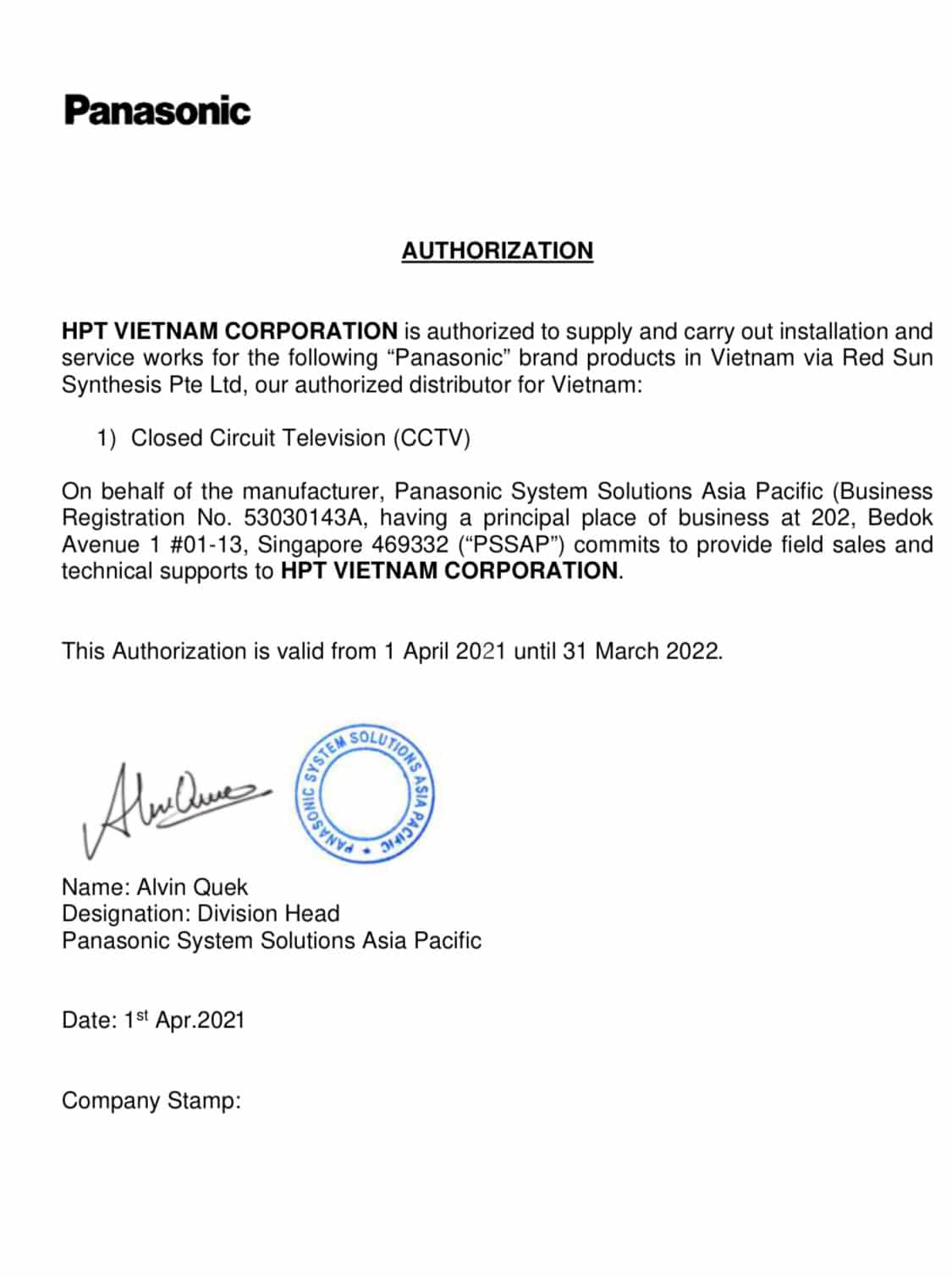 Chứng nhận nhập khẩu và phân phối độc quyền Panasonic - HPT Việt Nam