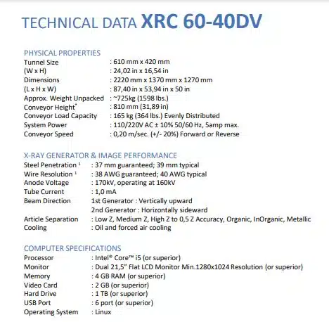 Thông số kỹ thuật của máy soi xray XRC 60-40DV