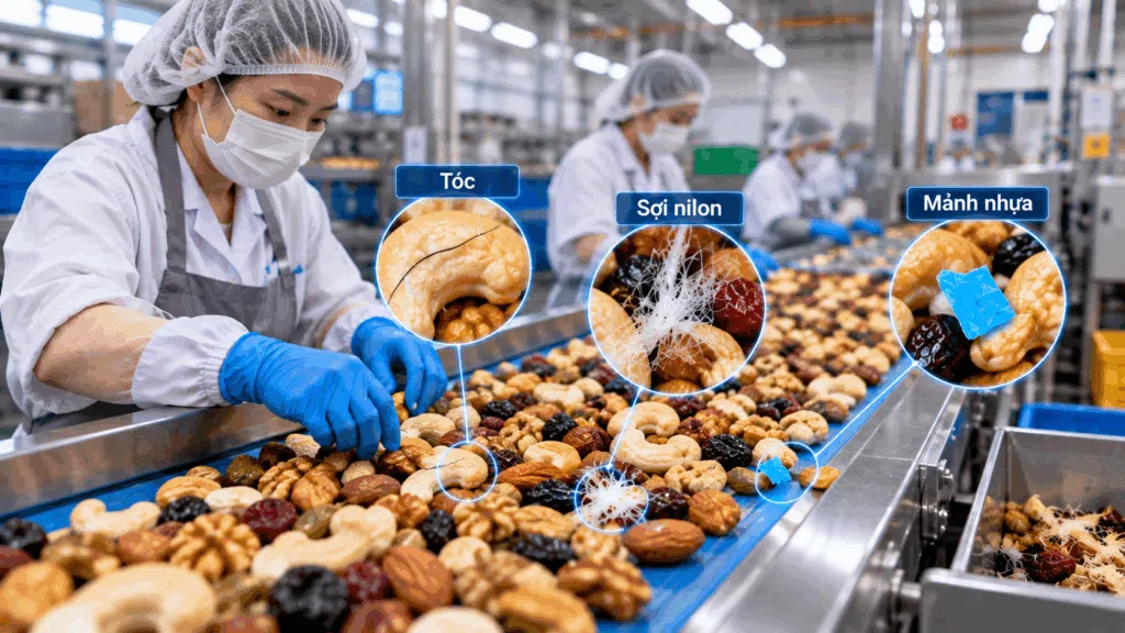 Nhà Máy Đã Có Máy Dò Kim Loại – Vậy Tóc, Nilon, Nhựa Và Côn Trùng Ai Kiểm Soát? 4 kiem tra tap chat tren day chuyen